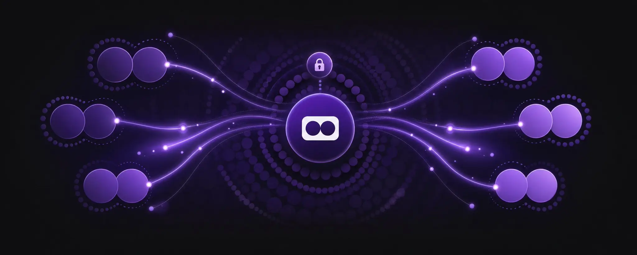 The Ekubo mark at the centre of a network of glowing purple pool markers, with a lock badge above it.